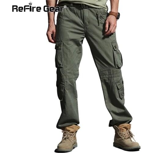 ReFire Gear Multi-Pockets Military Cargo Pants Men Army Fight Assault Tactical Long Trousers Casual Straight Cotton Work Trouser