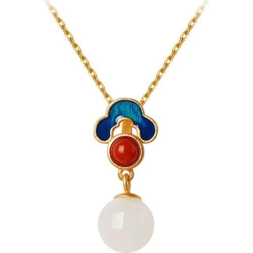 925 Sterling Silver Pin New Antique Gold-plated Natural Hetian Jade Enamel Pendant Clavicle Retro Chinese Style Necklace
