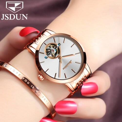 2018 JSDUN Switzerland Luxury Brand Automatic Mechanical Watch Rose Gold Ladies Tourbillon Watches Stainless Steel Wrist watch