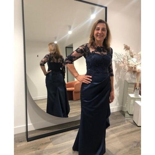 Elegant Lace Mermaid Satin Mother of the Bride Dresses Long Sleeve O-Neck Navy Blue Wedding Party Dresses for Women