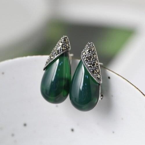 FNJ Natural Green Agate Earrings 925 Silver Original Pure S925 Sterling Silver Stud Earring Women Jewelry Vintage MARCASITE