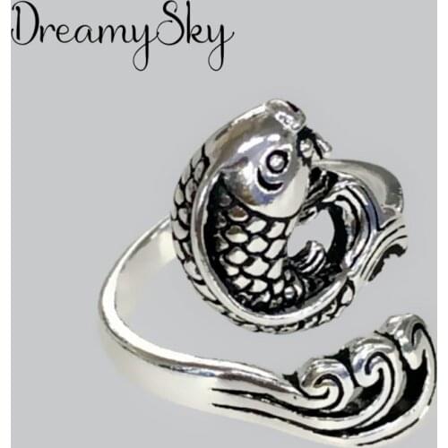 Vintage Real Pure Silver Color Fish Rings for Women Wedding Big Open Finger Ring Anillos Anelli