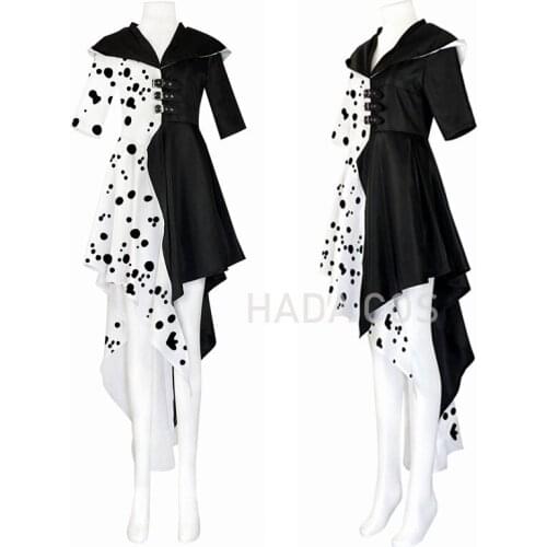 Movie Evil Madame Cruella De Vil Cosplay Costume Adult Women Gown Black White Maid Dress Gloves Hoodie Skirt Halloween Party WIG
