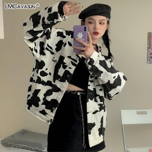 LMCAVASUN Long Sleeve Cow Cute Print Pocket Button Outfit Loose Jacket Denim Coat Windbreaker Korean Streetwear Women