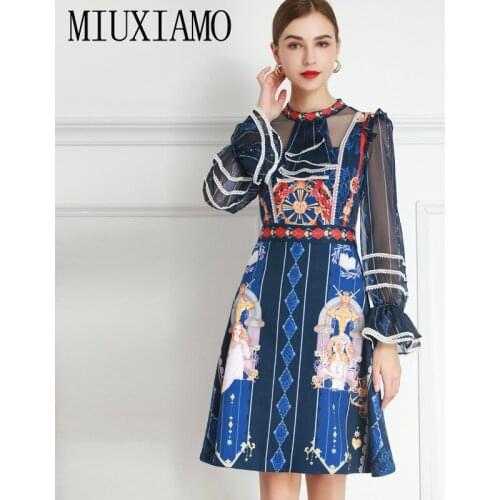 MIUXIMAO 2021 Spring Summer O-neck Beauty Leaf Print Lace Flare Sleeve Party Casual Slim Dress Women Vestidos