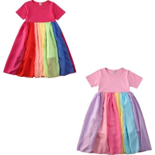 2020 Boutique Girl Dress Toddler kids Baby Girl Colorful Tutu Short Sleeve Dress Rainbow Princess Party Tulle Dresses