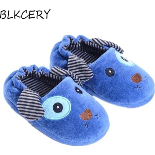 Fashion Toddler Boy Slippers Cartoon Puppy Plush Warm Shoe Little Kids Loafers Winter House Shoes Soft Rubber Sole Home Footwear