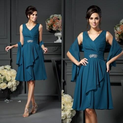 2019 Mother of the Bride Dresses V Neck Sleeveless Chiffon Evening Gowns Prom Wear Knee-Length Formal Wedding Guest Dress