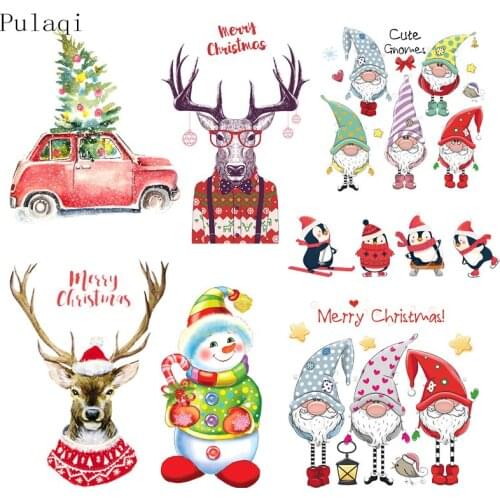 Pulaqi Christmas Patches For Clothing Heat Transfer Stickers Washable Iron-on Patches T-shirt Jeans Stickers Christmas Deer Cars