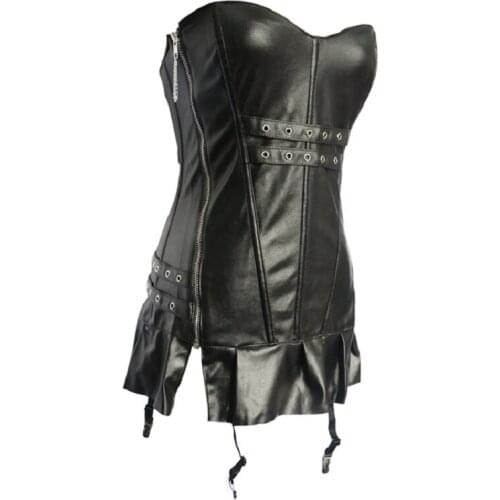 S-2XL Gothic Black Zipper PU Leather Corset Bustier Dress Set Overbust Sexy Lingerie Women Lace Corselet Tops Skirt Thong