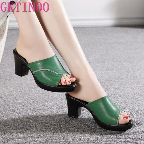 GKTINOO Womens Slippers Sandals 2021 Summer High Heels Genuine Leather Women Shoes Woman Slippers Summer Sandals Fashion Shoes