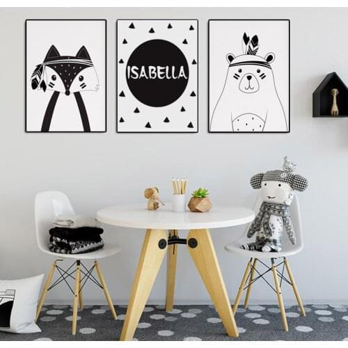 Nordic Black and White Cartoon Animal Bear Fox Decoration Canvas Isabelle Painting Childrens Room Bedroom Hanging Picture Oil