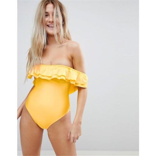 2019 Hot-sale Women Sexy Solid Colour Padded Wireless Off Shoulder Backless One Piece Swimsuits with Flounces