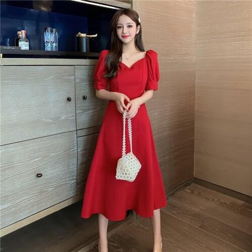 COIGARSAM Short Sleeve Women one-piece dress Korean New Summer Solid Dresses Red Black 9183