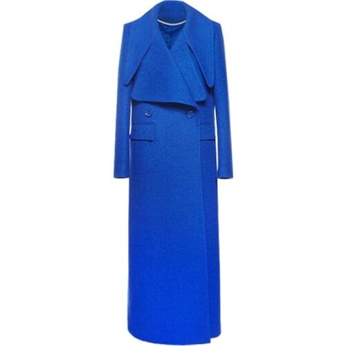 2020 Winter Coat Women Suit Collar double-breasted Pocket Wool Blend Coat Oversize Long Blue Trench Coat Outwear Wool Coat Women