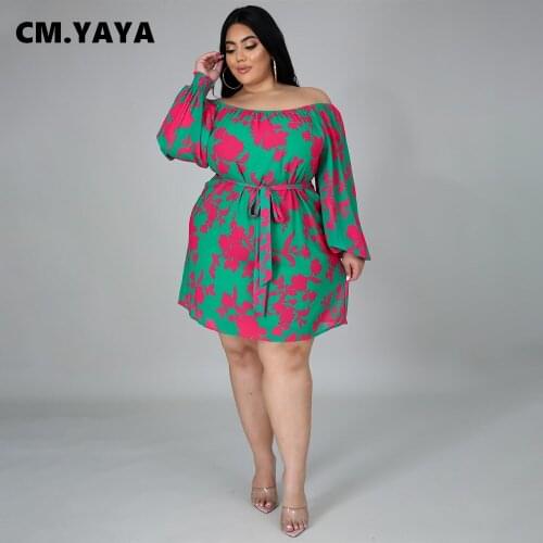 CM.YAYA Women Plus Size Dress Print Off Shoulder Loose A-line Dresses Bandage Slash Neck Dresses Vintage Fashion Vestidos Fall