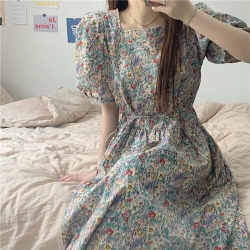 2020 Women Summer Vintage Cotton Long Flower Dress Sashes Square Collar Puff Sleeve Split Hem Midi Dresses