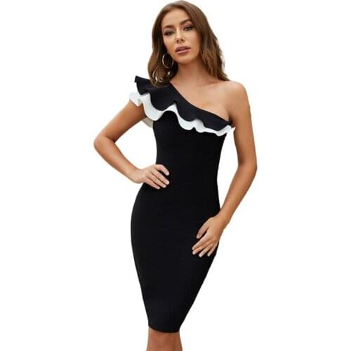 Free Shipping Wholesale Summer Womens Dress Sexy Black One-Shoulder Ruffle Sexy Celebrity Cocktail Party Bandage Dress