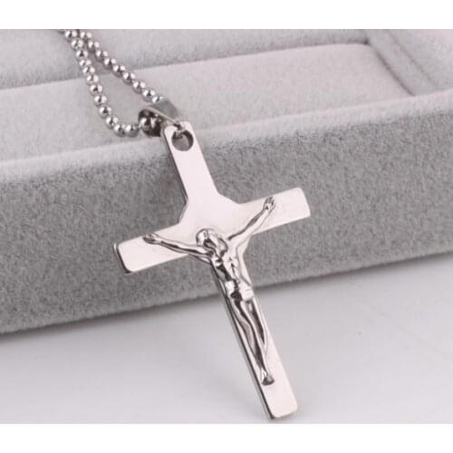 Free shipping Stereo carving Jesus cross pendant necklaces bead chain men 316L Stainless Steel necklace wholesale
