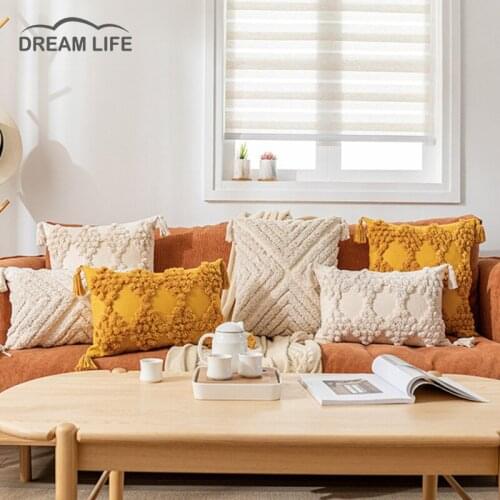 Beige Yellow Tassels Cushion Cover 30x50cm/45x45cm Embroidery Pillow Cover Home Decor Sofa Pillowcase Macrame Pillow Sham