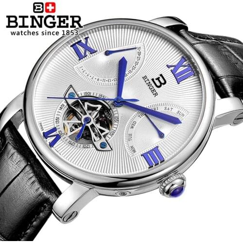 Switzerland BINGER Skeleton Automatic Watch Men 100M Waterproof Mens Tourbillon Mechanical Watches Top Brand Luxury Wristwatches