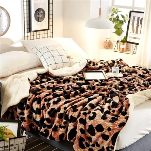 Leopard Print Double Layers Sherpa Blanket Throw Cozy Warm Blankets Sleeping Blanket for Autumn Winter Bedding King Queen Size