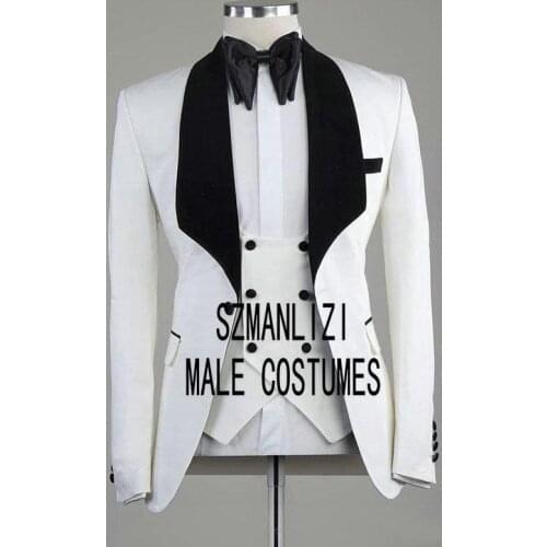 Men Wedding Suits 2020 White Blazer Groom Tuxedos Black Lapel Groomsmen Wedding Party Suit Best Man 3 Pieces Bridegroom Suit