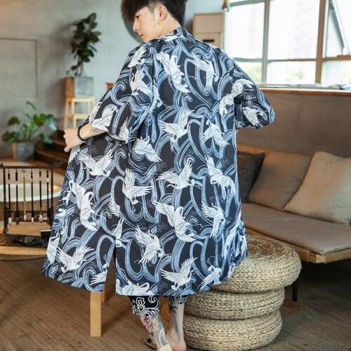 Men Casual Japanese Kimono Coat Loose Yukata Outwear Long Bathrobe Top Crane