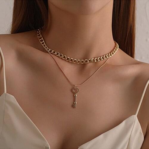 2021 New Fashion Choker Necklace Punk Multilayer Key Long Pendant Necklace for Women Gold Color Collar Jewlery