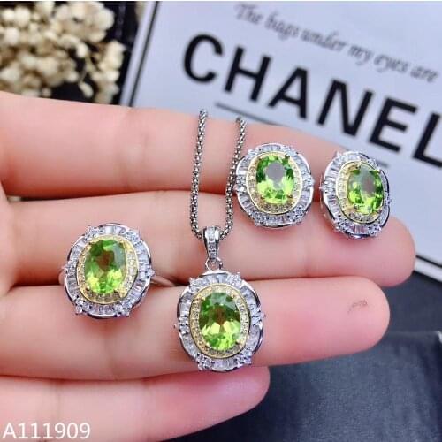 KJJEAXCMY boutique jewelry 925 sterling silver inlaid Natural Peridot Necklace Ring Earring Female Suit Support Detection