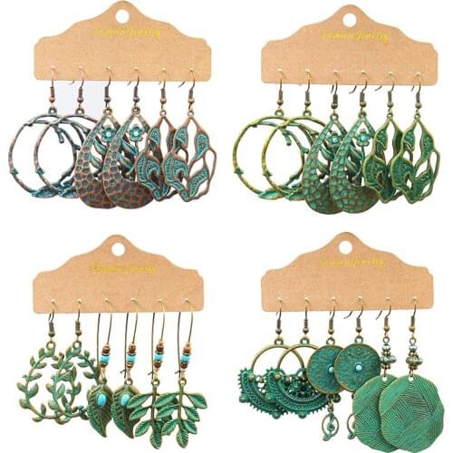 Vintage Bronze Earrings Set Wreath Green Leaf Plant Hollow Bag Boho Flowers Earrings For Women Fashion Jewelry