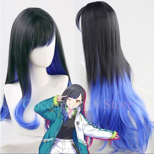 Shiraishi An Cosplay Wig Gradient Black Blue 85cm Long Straight Heat Resistant Hair Curly Temples Adult Halloween Role Play