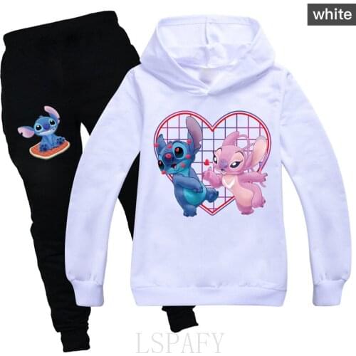 Girls Hoodies Pants 2 Piece Fall Sets Cotton Disney Stitch Girls' Clothes Casual Trousers Suit Teenage Kids Hooded T Shirt