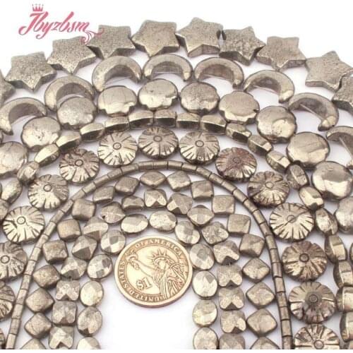 Tube Stars Moon Flower Carved Oval Silvers Gray Pyrite Natural Stone Beads for DIY Women Necklace Bracelet Jewelry Making 15"