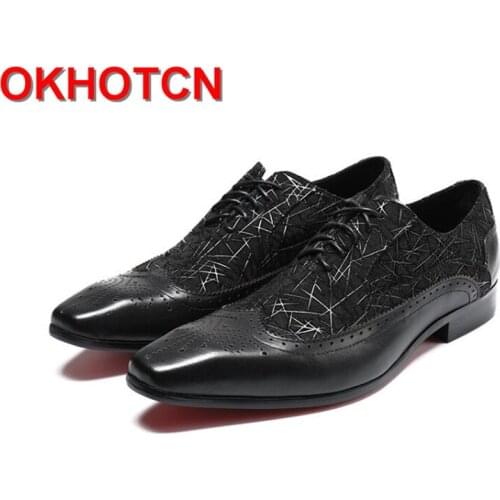 Men Black Shoes Leather Print Men S Casual Dress Shoes Lace Up Handmade Men Shoes Flat Large Size Square Toe Groom Wedding Shoes