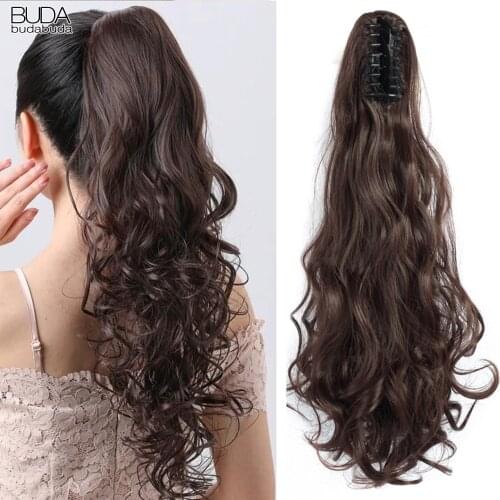 Budabuda Claw On Ponytail Synthetic Women Clip In Hair Extensions Curly Wavy Style Pony Tail Hairpiece Brown Blonde Ombre Color