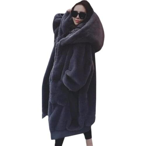 YAGENZ High Quality Faux Rabbit Fur Coat Women Luxury Long Fur Coat Loose Hooded OverCoat Warm Plus Size Female Plush Coats 582