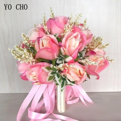 YO CHO Bridal Bouquets Silk Roses White Pink Wedding Bouquet for Bridesmaids Artificial Flowers Marriage Supplies Wedding Decor