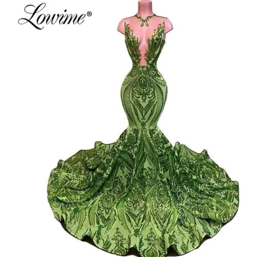 Green African Mermaid Long Prom Dresses 2020 Illusion Sexy Sequins Party Gown Saudi Arabia Evening Dress Robe De Soiree