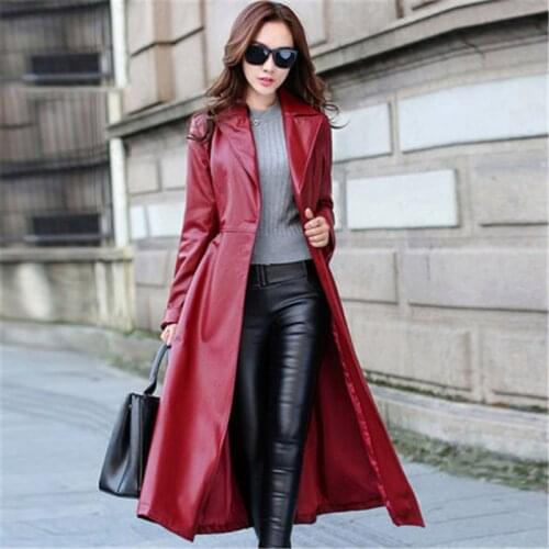 2019 spring new leather long section over the knee Big size long sleeve female leather jacket black womens leather windbreaker