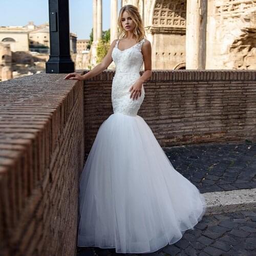 2020 Mermaid Wedding Dress Elegant Custom V-neck Sleeveless Pearls Applique Flowers Tulle Robe De Mariee Wedding Gowns