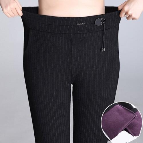 Winter Warm Thick Velvet Leggings Women Slim Korean Stretch Fleece Pencil Pants High Waist Striped Black Pants Plus size