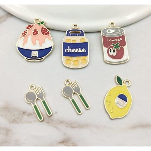 10pcs Yogurt Bottle Strawberry Ice Cream Cheese Lemon Tomato Cans Tableware Charms Metal Pendant Golden Earring DIY Accessories