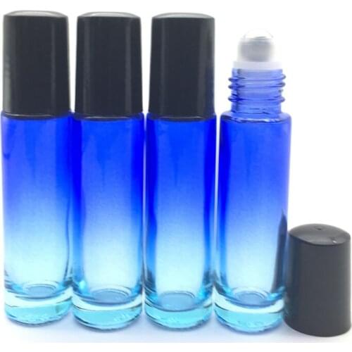 3pcs Empty Gradient Blue-clear Thick 10ml Glass Roller Bottle Perfume Sample Roll-On Black Plastic Cap Essential Oil Container