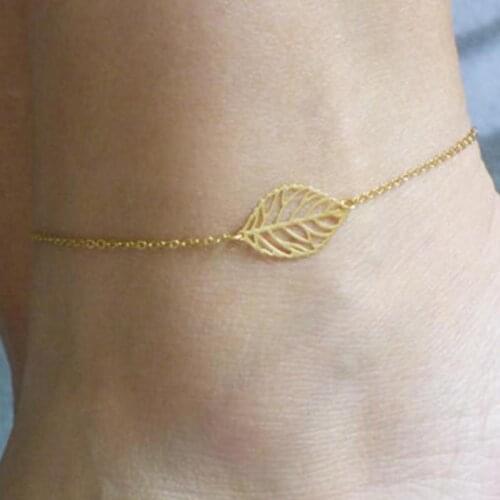 Simple Leaf Feather Anklets For Women Ankle Bracelets Gold Enkelbandje Foot Leg Jewelry Double Chain Bransoletka Na Nogi