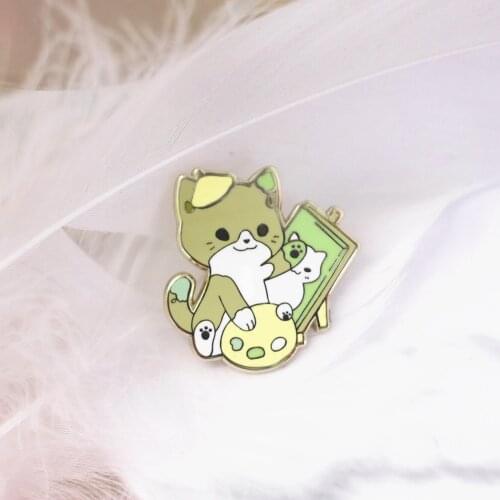 Cute art painter cat Hard Enamel Pin Cartoon painting Cat Badge Brooch Animal Pins Jewelry Gift