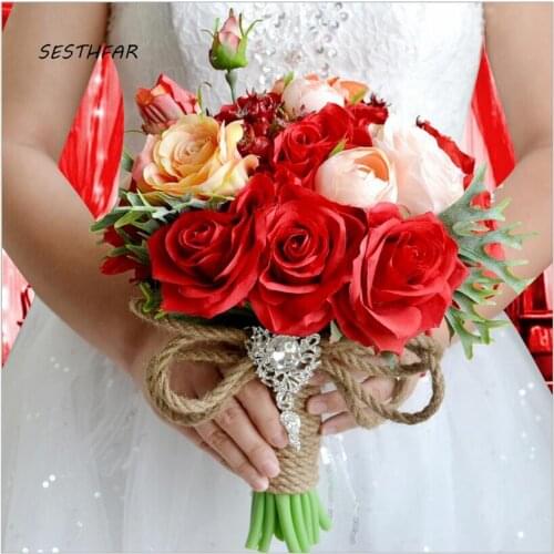 Artificial Flower Bouquets Silk Burgundy Flower Bouquet Silk Rose Flower Dark Red Bouquet Brides Bridesmaids Bouquet SPH063