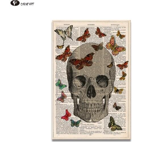 CHENFART Canvas Prints Vintage Dictionary Book Art Print Skull Butterflys Decorative Pictures no Framed
