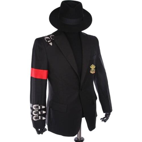 Custom Made New MJ Professional Cosplay MICHAEL JACKSON Costume Retro Punk Style Black Jacket Suit Badge and Black Hats