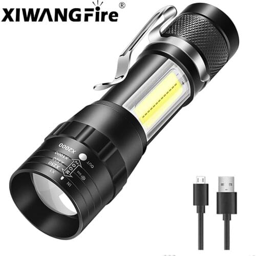 T6 LED pocket flashlight strong light zoom 3modes USB rechargeable aluminum alloy portable flashlight waterproof with hook clip